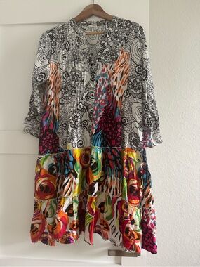 Colorful Mixed-Print Tiered Tunic Dress